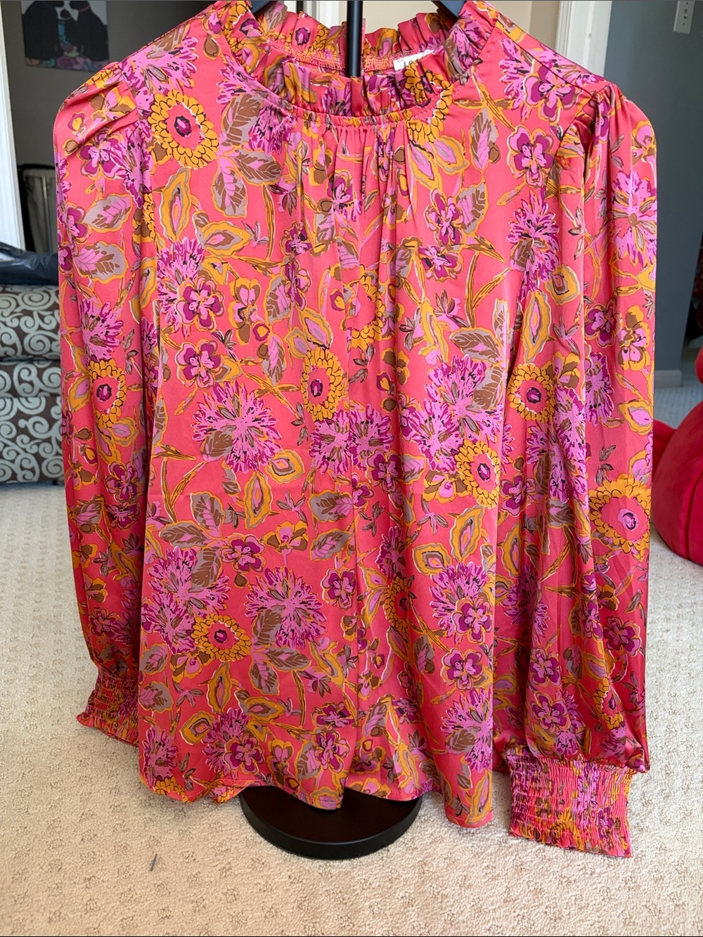 JODIFL Pink Floral Long-Sleeve Blouse with Yellow Accents
